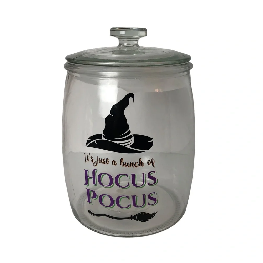Halloween decor IT’S JUST A BUNCH OF HOCUS POCUS glass canister